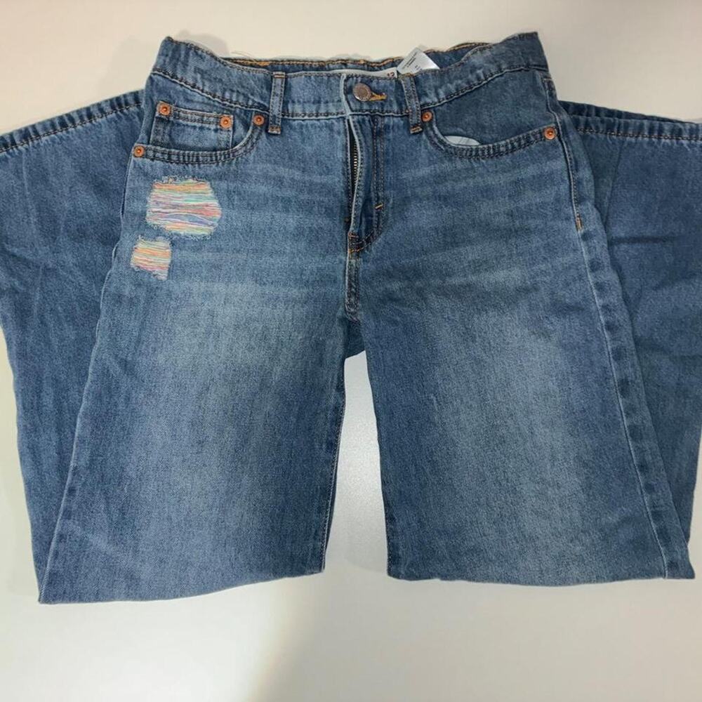 Levi's Wide Leg Blue Jeans with Rainbow Patchwork Design